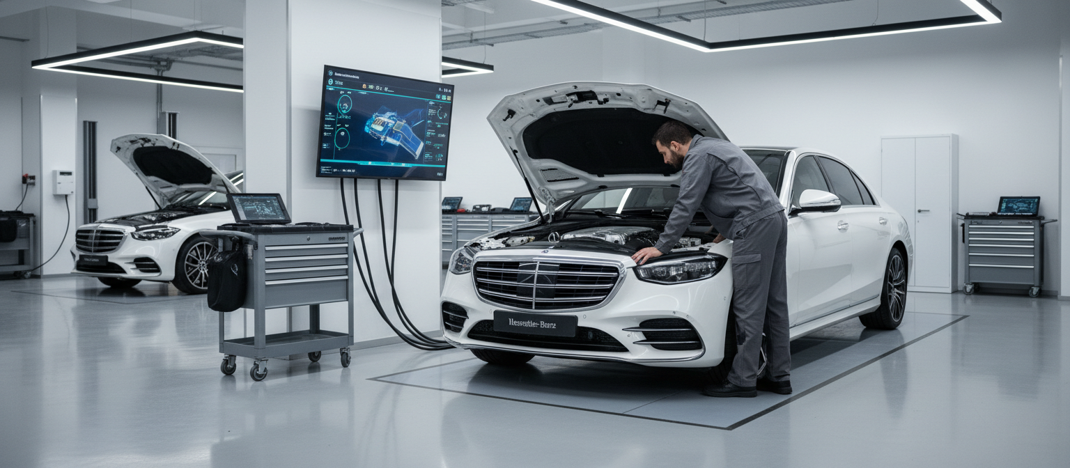 Mercedes-Benz service technician checking engine in Duluth, GA